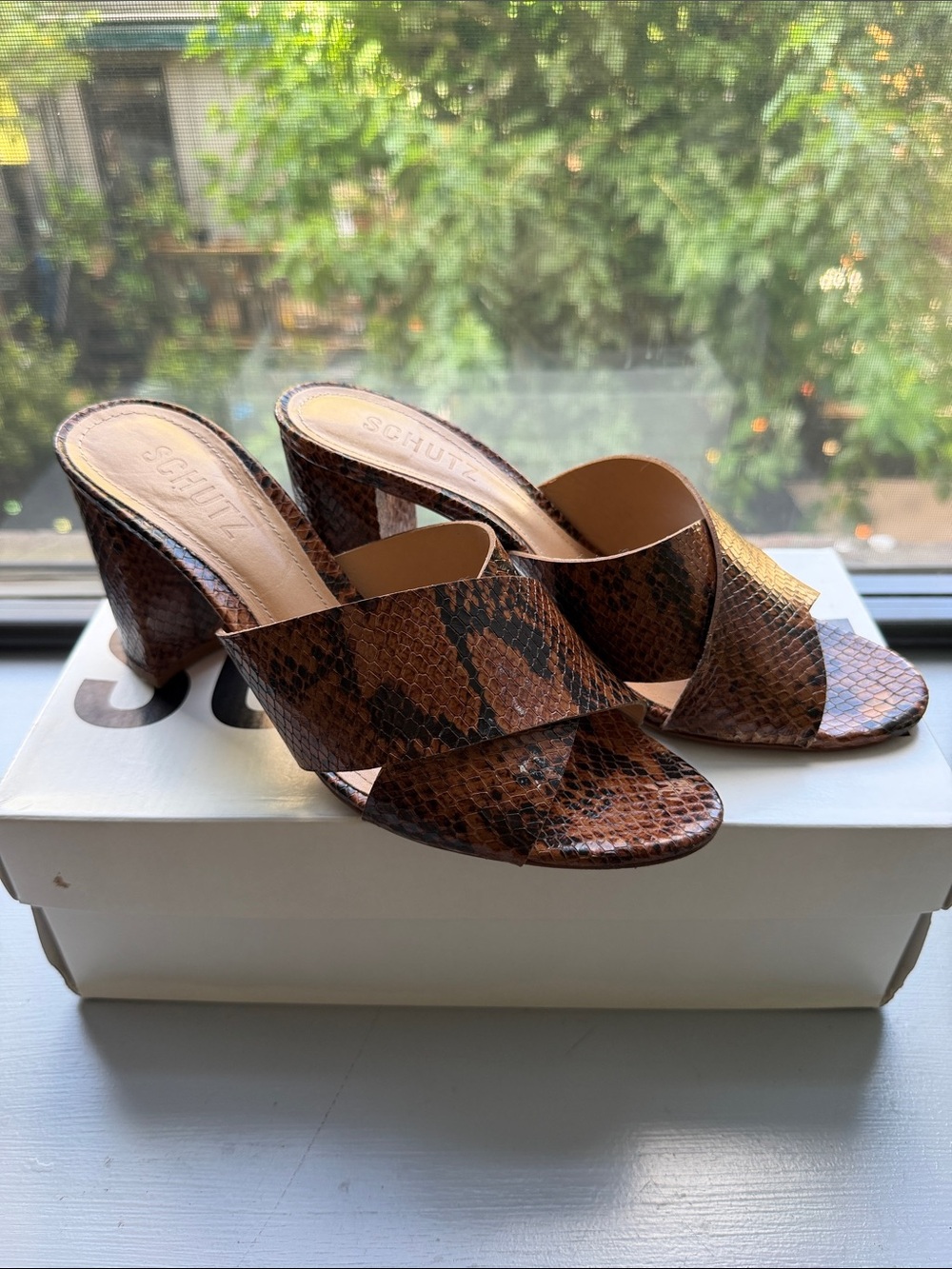 SCHUTZ Brown Snake-Print Crossover Slide Mules